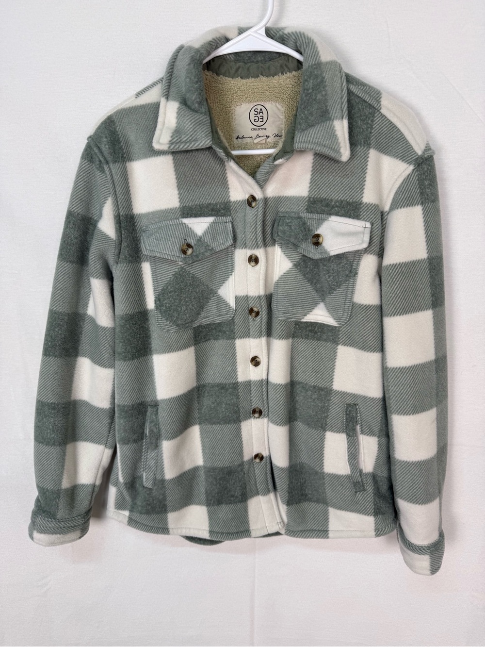SAGE Collective Sage and Cream Plaid Sherpa-Lined Shacket